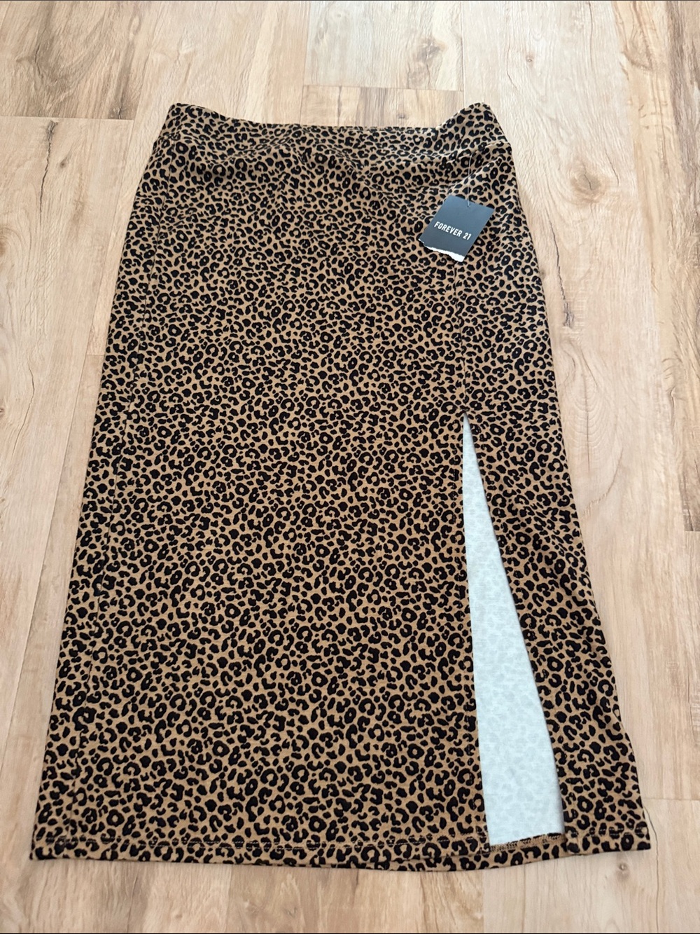 Forever 21 Tan and Black Leopard Midi Skirt with Side Slit, Size L